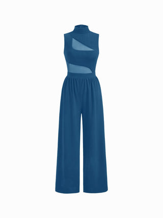 High Neck Solid Cut Out Patched Wide Leg Jumpsuit