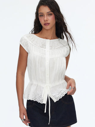 Cotton-blend Broderie Anglaise Short Sleeve Ruffle Peplum Hem Oversized Blouse