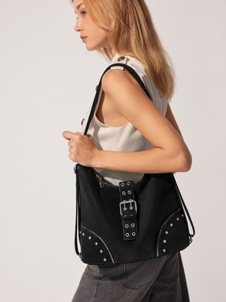 Faux Leather STUDDED BUCKLE TOTE BAG For Daily Casual Music Festival/Live House Work