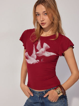 Bird Graphic Boat Neck Ruffle Sleeve Tee
