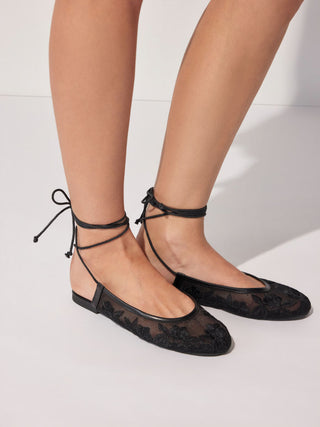 EMBROIDERED MESH LACE-UP FLATS