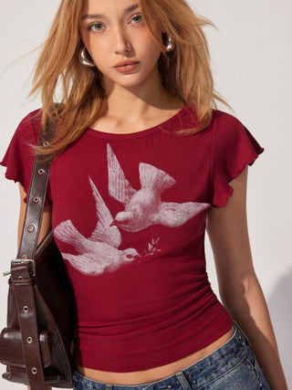 Bird Graphic Boat Neck Ruffle Sleeve Tee