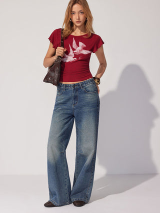 Bird Graphic Boat Neck Ruffle Sleeve Tee