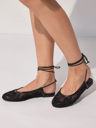 EMBROIDERED MESH LACE-UP FLATS