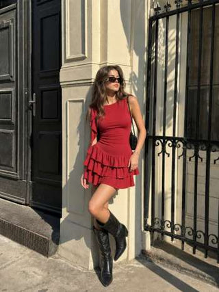 Boat Neck Ruched Ruffle Hem Layered Micro Romper