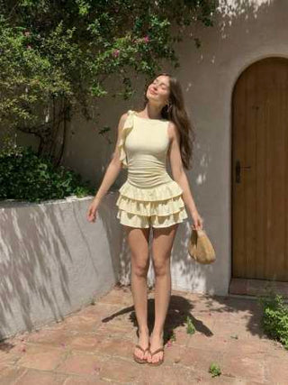 Boat Neck Ruched Ruffle Hem Layered Micro Romper