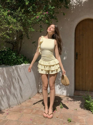 Boat Neck Ruched Ruffle Hem Layered Micro Romper