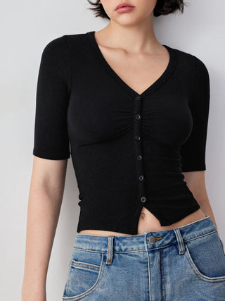 V-neck Mid-length Sleeve Ruched Split Hem Top