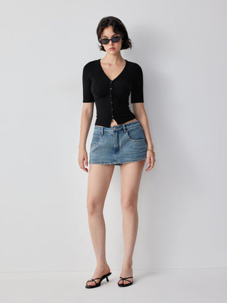 V-neck Mid-length Sleeve Ruched Split Hem Top