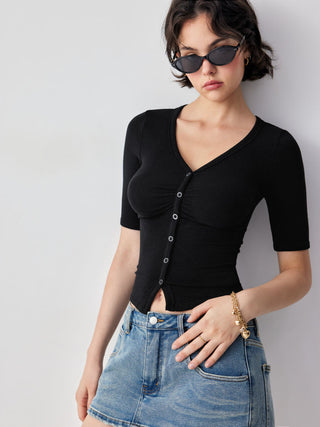 V-neck Mid-length Sleeve Ruched Split Hem Top