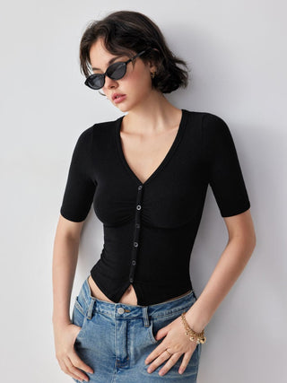 V-neck Mid-length Sleeve Ruched Split Hem Top