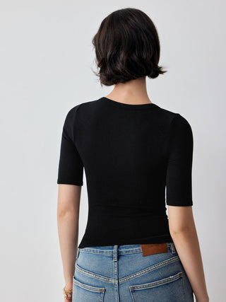 V-neck Mid-length Sleeve Ruched Split Hem Top
