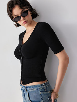 V-neck Mid-length Sleeve Ruched Split Hem Top