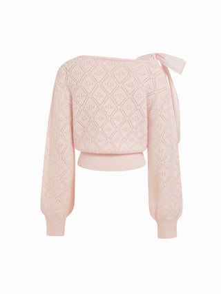 Knit Pointelle Asymmetrical Neck Puff Sleeve Bowknot Top