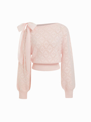 Knit Pointelle Asymmetrical Neck Puff Sleeve Bowknot Top