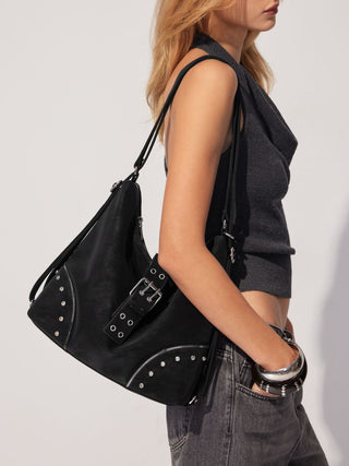 Faux Leather STUDDED BUCKLE TOTE BAG For Daily Casual Music Festival/Live House Work