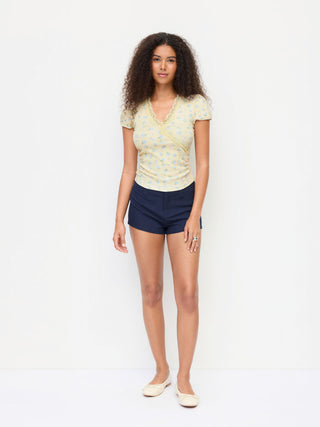 Floral V-neck Puff Sleeve Lace Trim Ruched Top