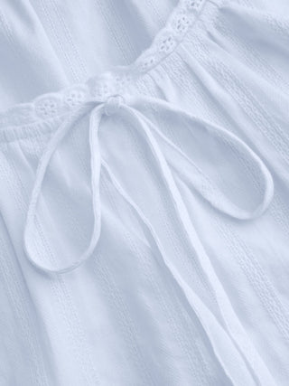 Cotton Lace Trim Knotted Short Puff Sleeve Blouse