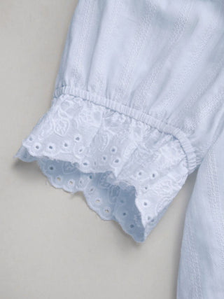 Cotton Lace Trim Knotted Short Puff Sleeve Blouse