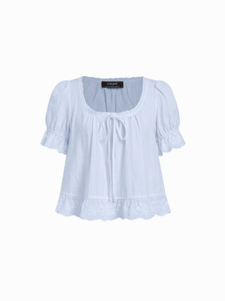Cotton Lace Trim Knotted Short Puff Sleeve Blouse