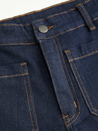 Stretch Denim Mid Rise Washed Metal Detail Straight Leg Jeans