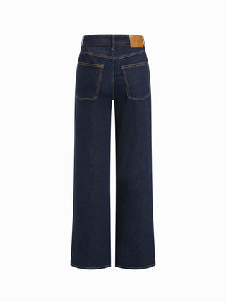 Stretch Denim Mid Rise Washed Metal Detail Straight Leg Jeans
