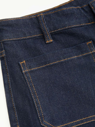Stretch Denim Mid Rise Washed Metal Detail Straight Leg Jeans