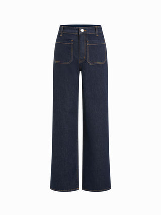 Stretch Denim Mid Rise Washed Metal Detail Straight Leg Jeans