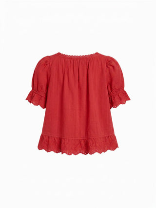 Cotton Lace Trim Knotted Short Puff Sleeve Blouse