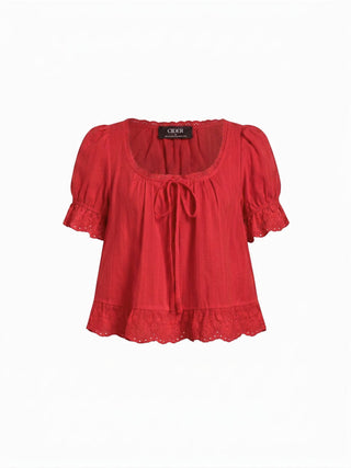 Cotton Lace Trim Knotted Short Puff Sleeve Blouse