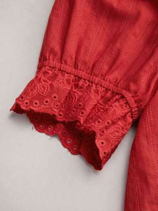 Cotton Lace Trim Knotted Short Puff Sleeve Blouse