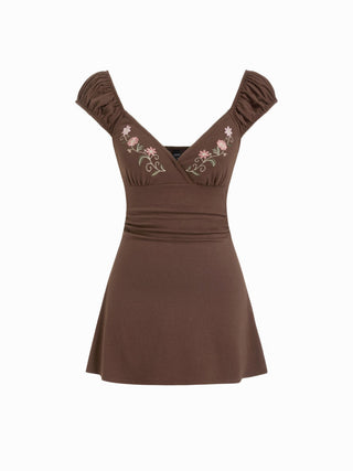 Cotton-blend Floral Embroidery V-neck Puff Sleeve A-line Mini Dress
