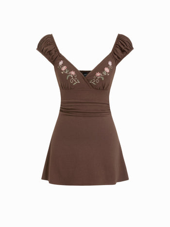 Cotton-blend Floral Embroidery V-neck Puff Sleeve A-line Mini Dress