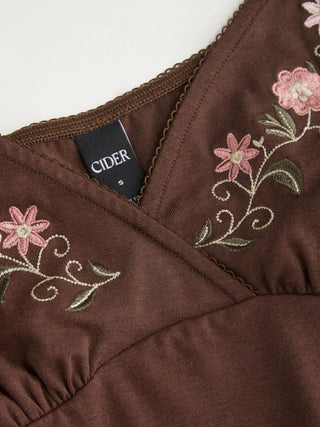Cotton-blend Floral Embroidery V-neck Puff Sleeve A-line Mini Dress
