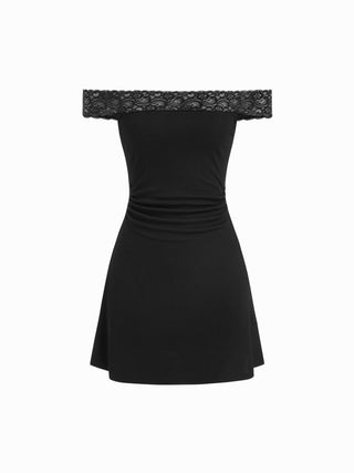Textured Off-shoulder Lace Panel Ruched A-line Mini Dress