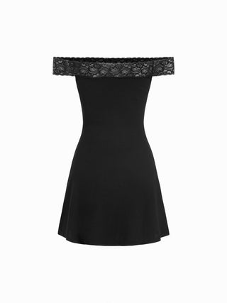Textured Off-shoulder Lace Panel Ruched A-line Mini Dress