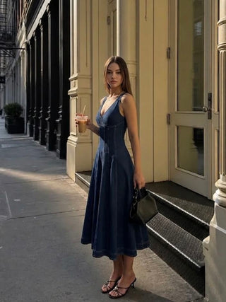 Stretch Denim V-neck Washed Pleated A-line Midi Dress