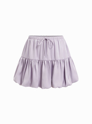 Satin Mid Rise Ruched Drawstring Bubble Hem Mini Skirt