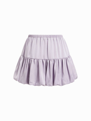 Satin Mid Rise Ruched Drawstring Bubble Hem Mini Skirt