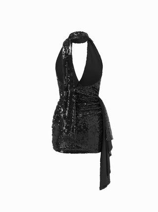 Sequin Deep V-neck Halter Mini Dress