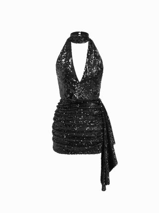 Sequin Deep V-neck Halter Mini Dress