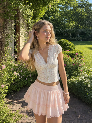 Cotton Floral V-neck Puff Sleeve Lace Trim Blouse