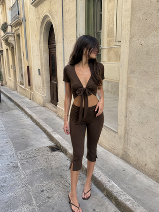 Textured V-neck Short Sleeve Twist Knotted Crop Top