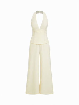 V-neck Backless Metal Detail Straight Leg Jumpsuit