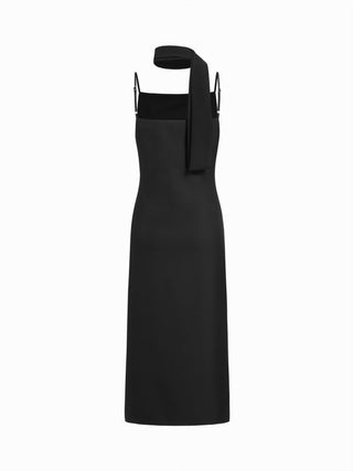 Square Neck Split Straight Midi Dress With Scarf