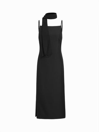Square Neck Split Straight Midi Dress With Scarf