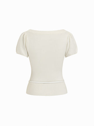 Knit Wool-blend Square Neck Puff Sleeve Top With Belt
