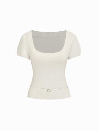 Knit Wool-blend Square Neck Puff Sleeve Top With Belt