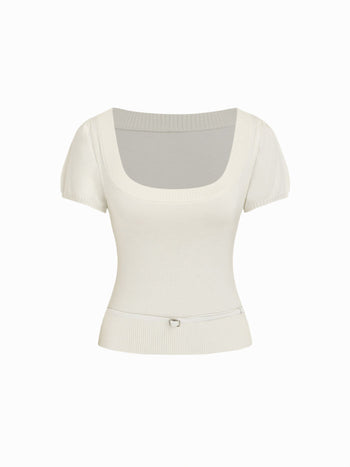 Knit Wool-blend Square Neck Puff Sleeve Top With Belt