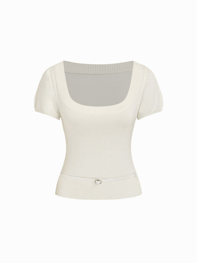 Knit Wool-blend Square Neck Puff Sleeve Top With Belt